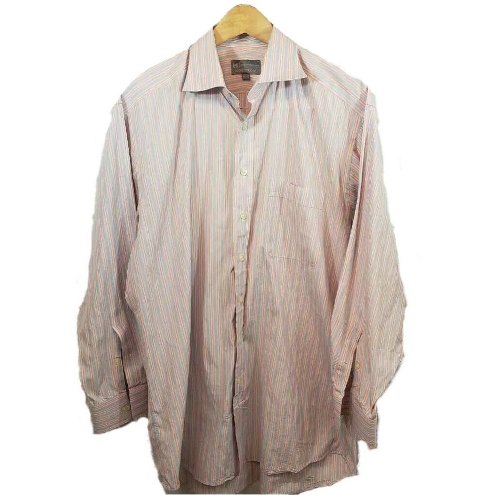 Hickey Freeman Nordstrom Men Dress Shirt 16 1/2 33 Pink Blue Striped